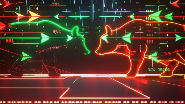 A high-tech stock market screen displaying green and red arrows representing bullish and bearish trends, with a neon-lit bull and bear silhouette in the foreground.