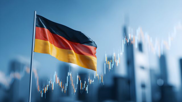 German flag with city skyline and stock market graph, symbolizing economic growth