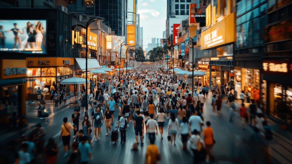 Eine belebte städtische Einkaufsstraße mit einer bunten Menschenmenge
