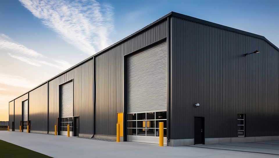 Industrielagergebäude von außen mit großen Rolltoren