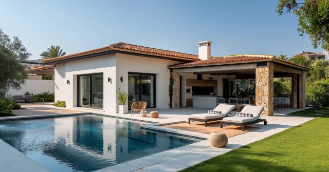 Moderne weiße Villa mit Schwimmbad wird von der Morgensonne angestrahlt