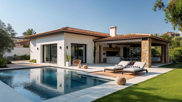 Moderne weiße Villa mit Schwimmbad wird von der Morgensonne angestrahlt