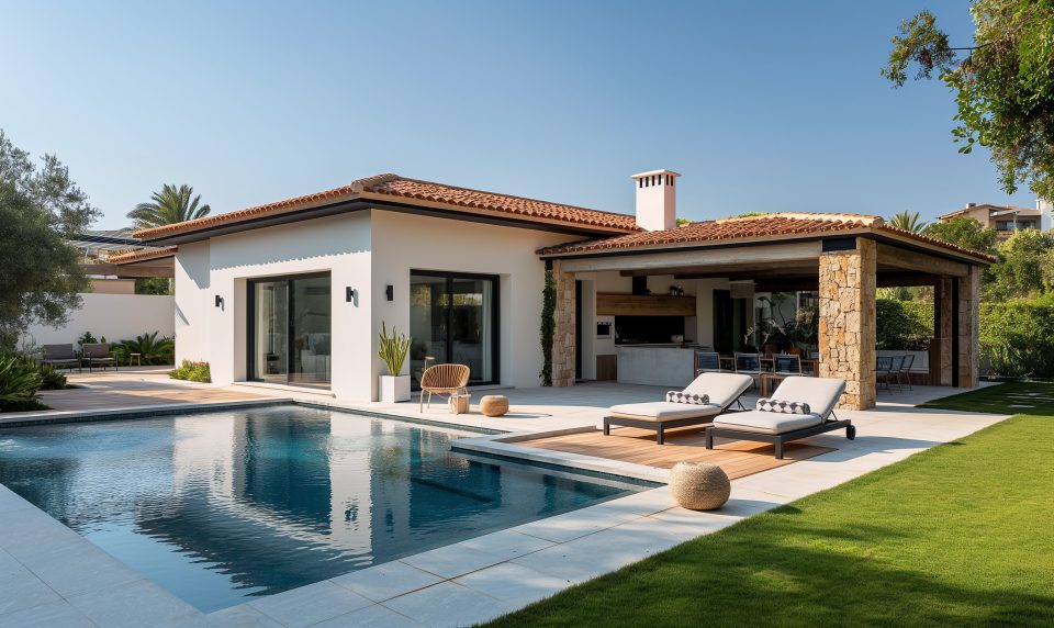Moderne weiße Villa mit Schwimmbad wird von der Morgensonne angestrahlt