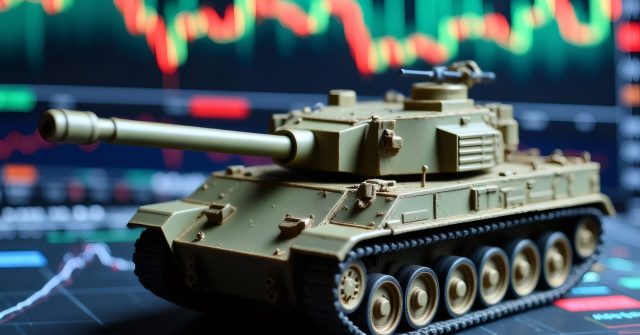 Symbolbild: Ein Spielzeugpanzer steht vor einem Bildschirm mit Börsenkursen.