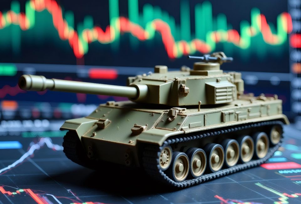 Symbolbild: Ein Spielzeugpanzer steht vor einem Bildschirm mit Börsenkursen.
