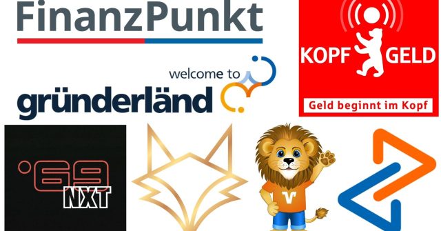 Marken „Finanzpunkt“ (Frankfurter Volksbank, Taunus Sparkasse), „Gründerländ“ (Volksbank Stuttgart), „Kopfgeld“ (Berliner Sparkasse), „69 NXT“ (Frankfurter Sparkasse) sowie Logos Wolfskopf (VR Bank Tübingen), Löwe (Volksbank Düsseldorf Neuss) und Sanduhr (Volksbank Mittelhessen)