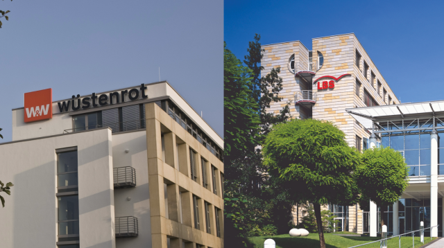 Ein Gebäude der Wüstenrot in Bad Vilbel und die Stuttgart-Zentrale der LBS Süd