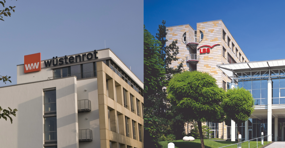 Ein Gebäude der Wüstenrot in Bad Vilbel und die Stuttgart-Zentrale der LBS Süd