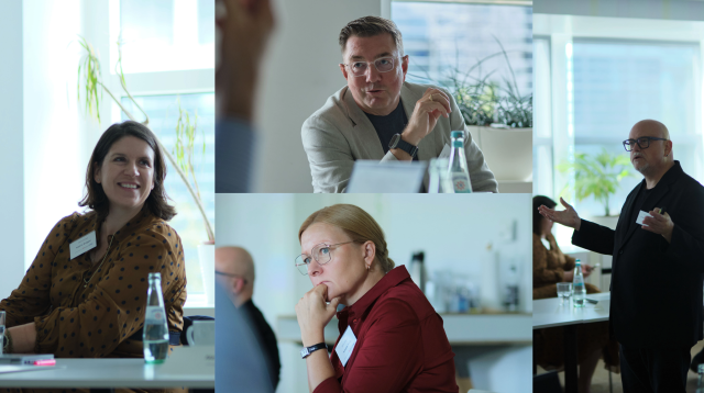 Im PLATOW Dialog: KPMG-Rechtsexpertin Kathrin Brügger (links), Finanz-Informatik-Vizechef Detlev Klage (oben), DKB-Risikovorständin Christina Trink (unten), Steffen P. Walz, Mitgründer von Dirigent Intelligence (rechts)